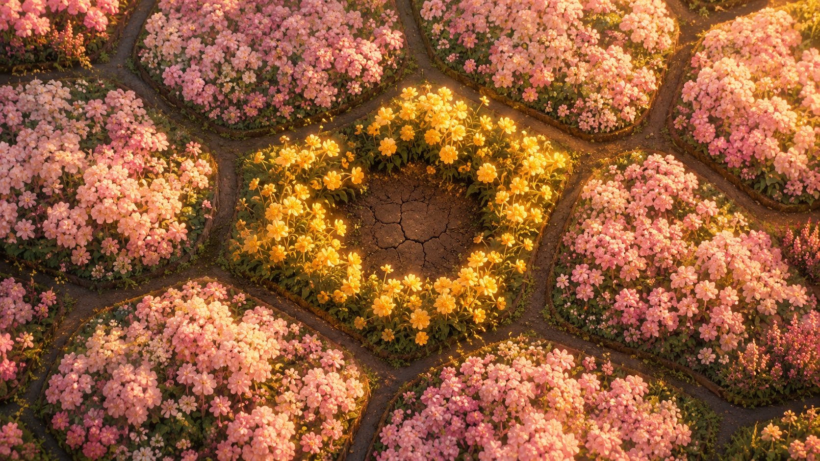 A garden seen from above at golden hour: beds of pink flowers shaped like cells, and in the center a patch of bare, cracked soil ringed by glowing yellow flowers.